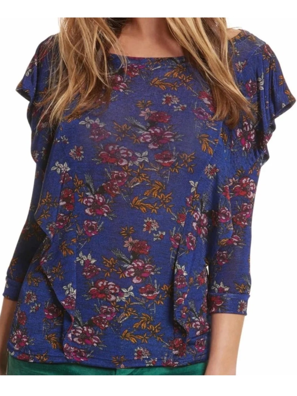 Free People Dock Street Blue Floral Top with Ruffle Detail